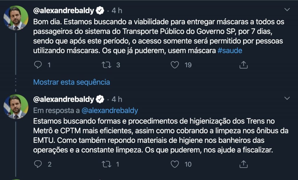 Uso de máscaras também será obrigatório em Metrô e ônibus intermunicipais