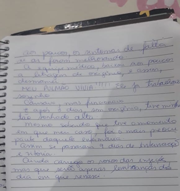 Depoimento feito no caderno de paciente que se recuperou da doença