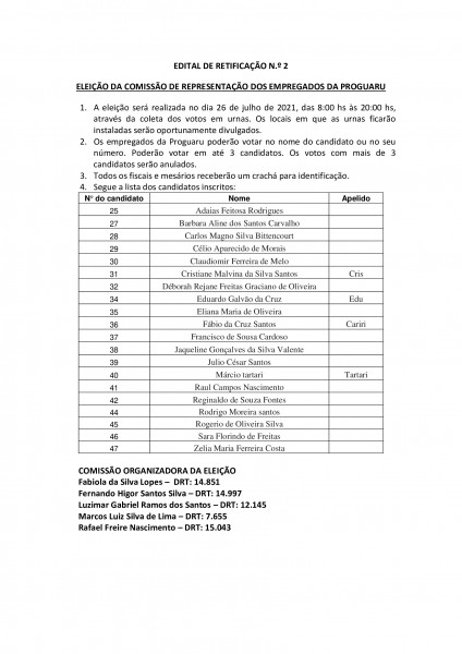 EDITAL DE RETIFICAÇÃO N.º 2: Eleição da Comissão de Representação dos Empregados da Proguaru EDITAL DE RETIFICAÇÃO N.º 2: Eleição da Comissão de Representação dos Empregados da Proguaru