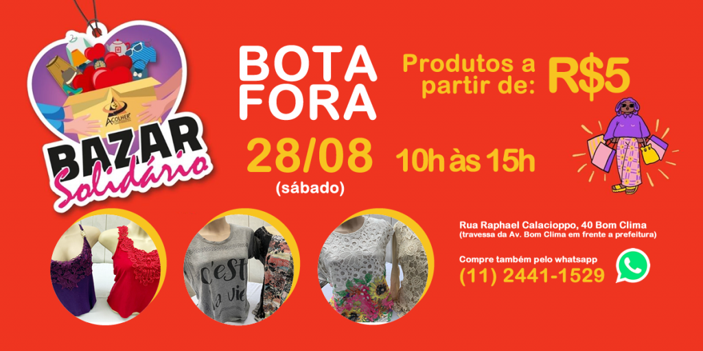 Acolher Instituto promove Bazar Solidário neste sábado no Bom Clima