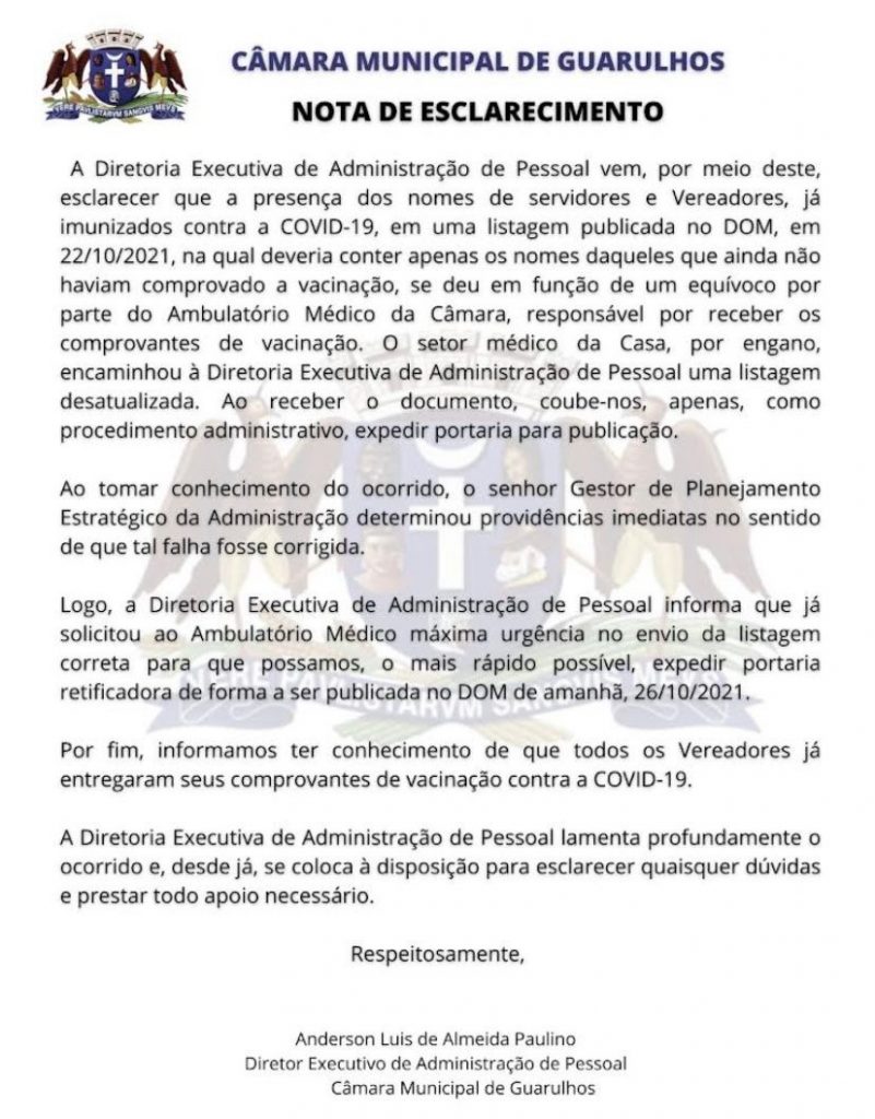 Nota não vacinados Câmara