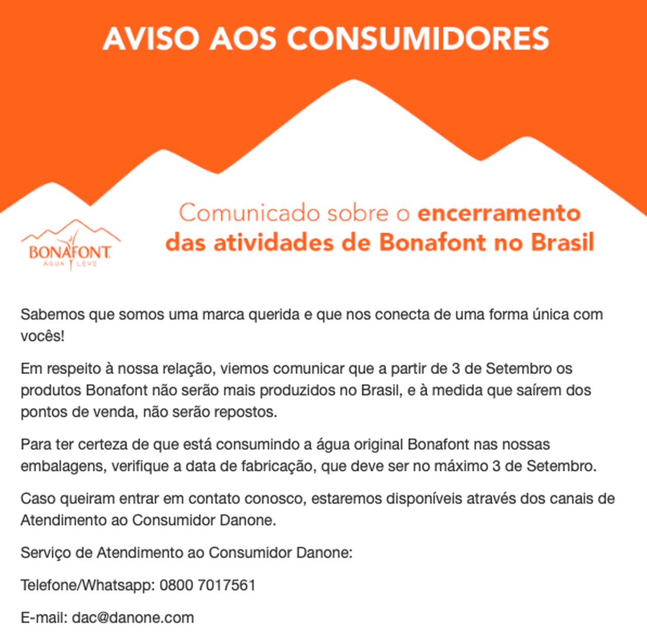 Danone encerra produção de água Bonafont no Brasil Danone encerra produção de água Bonafont no Brasil