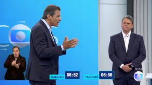Haddad e Tarcísio de Freitas no debate da Globo