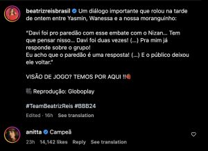 Anitta declara apoio à Beatriz