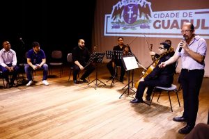 Professor Jesus, Guti e Patarra no lançamento da programação das orquestras