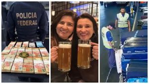 Material apreendido do chefe pela Polícia Civil e foto das passageiras presas