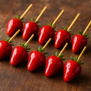 Morangos preparados para aula de culinária com tema "Morango do Amor"