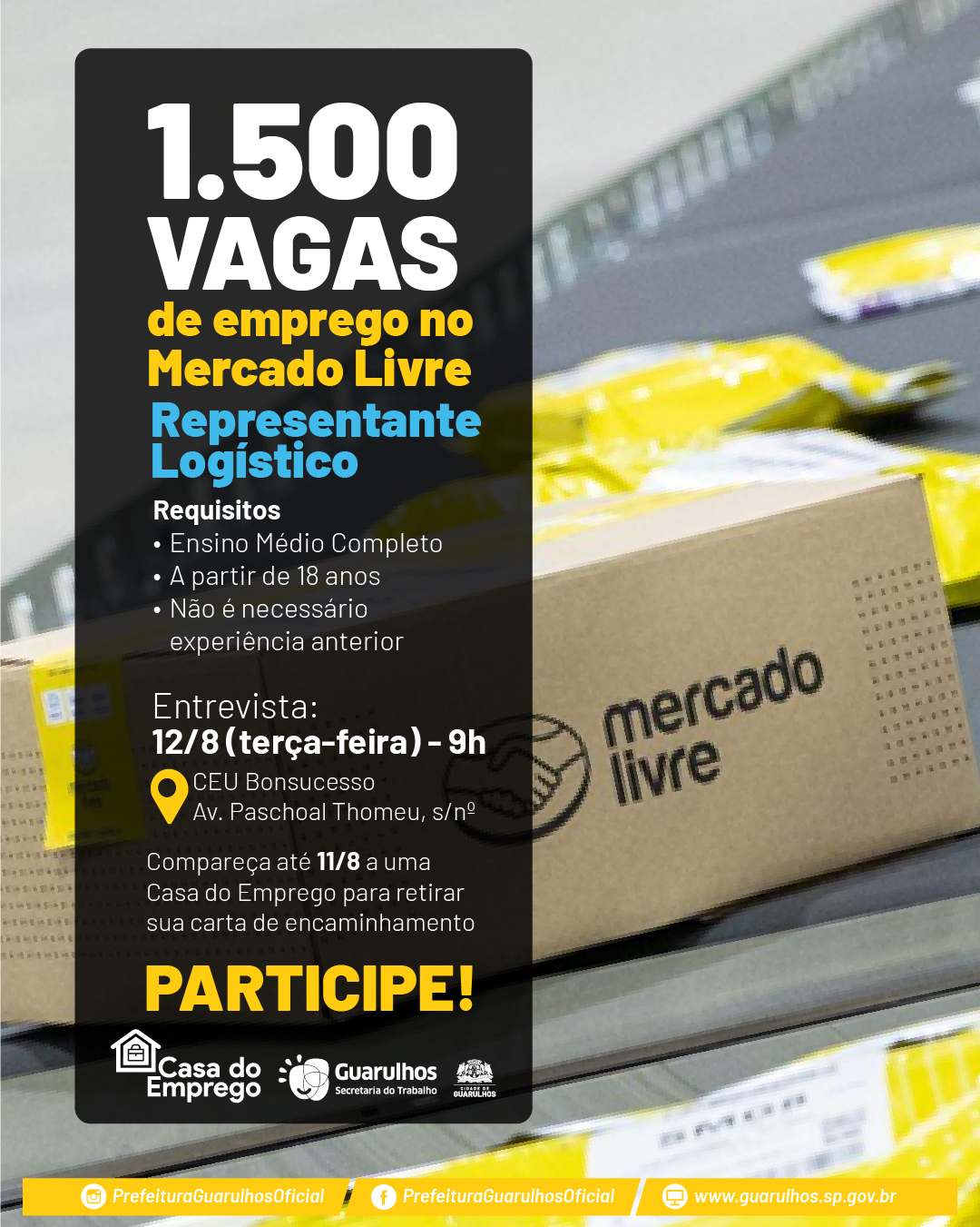 Prefeitura de Guarulhos e Mercado Livre oferecem mais de 1.500 vagas