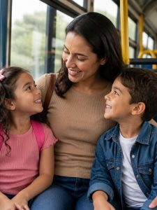 mãe e filhos em ônibus