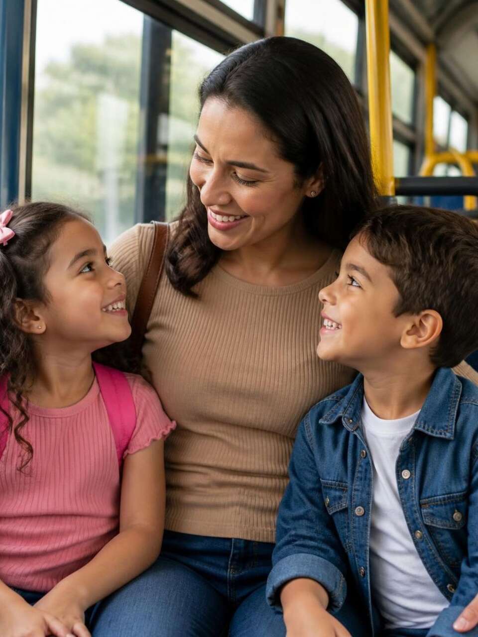 mãe e filhos em ônibus
